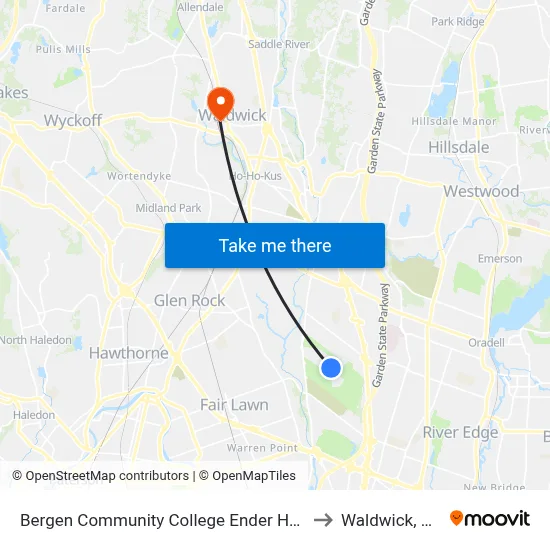Bergen Community College Ender Hall to Waldwick, NJ map