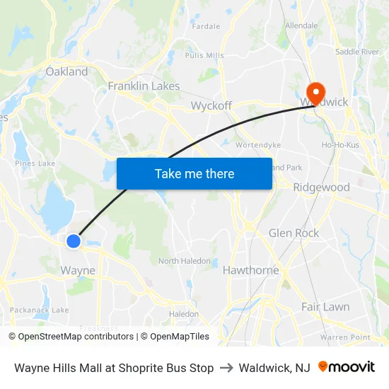Wayne Hills Mall at Shoprite Bus Stop to Waldwick, NJ map