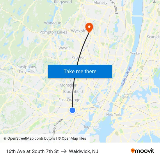 16th Ave at South 7th St to Waldwick, NJ map
