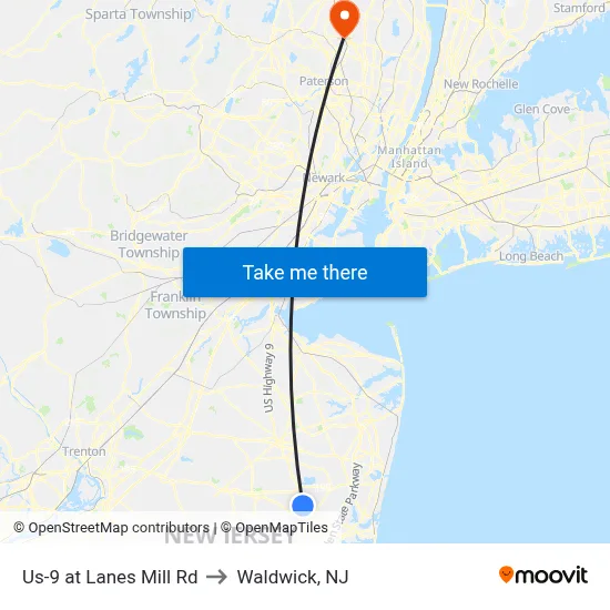 Us-9 at Lanes Mill Rd to Waldwick, NJ map