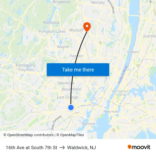 16th Ave at South 7th St to Waldwick, NJ map