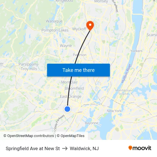 Springfield Ave at New St to Waldwick, NJ map