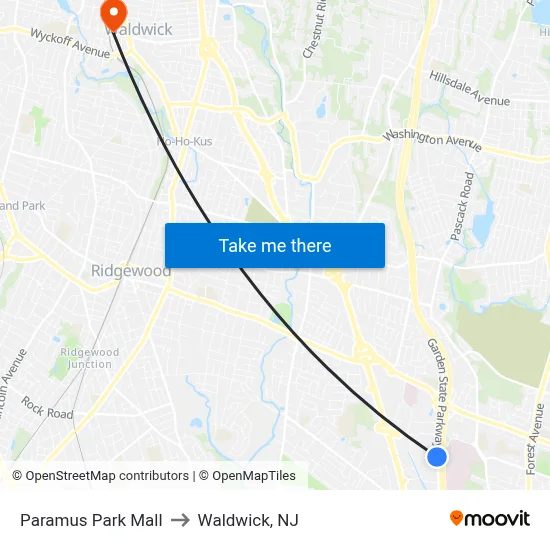 Paramus Park Mall to Waldwick, NJ map