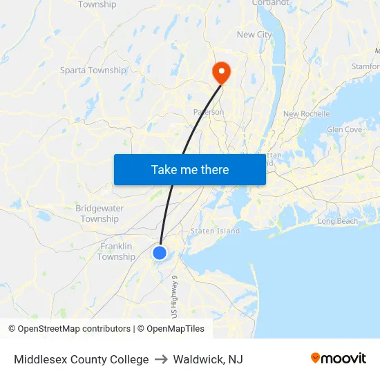 Middlesex County College to Waldwick, NJ map