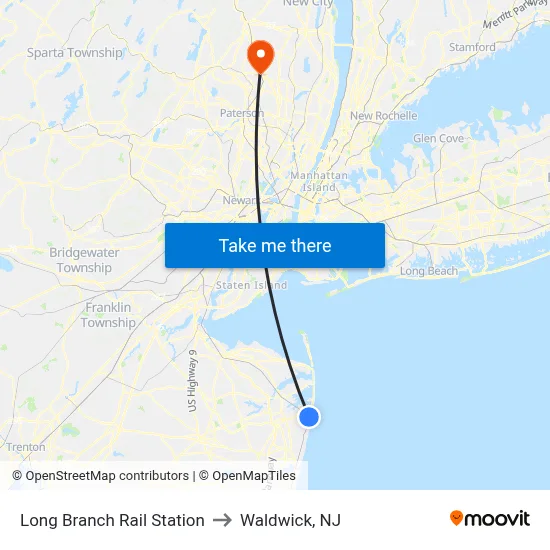 Long Branch Rail Station to Waldwick, NJ map