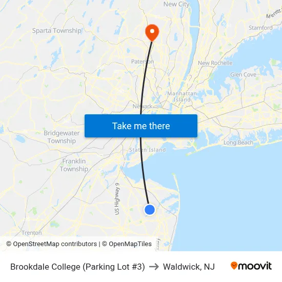 Brookdale College (Parking Lot #3) to Waldwick, NJ map
