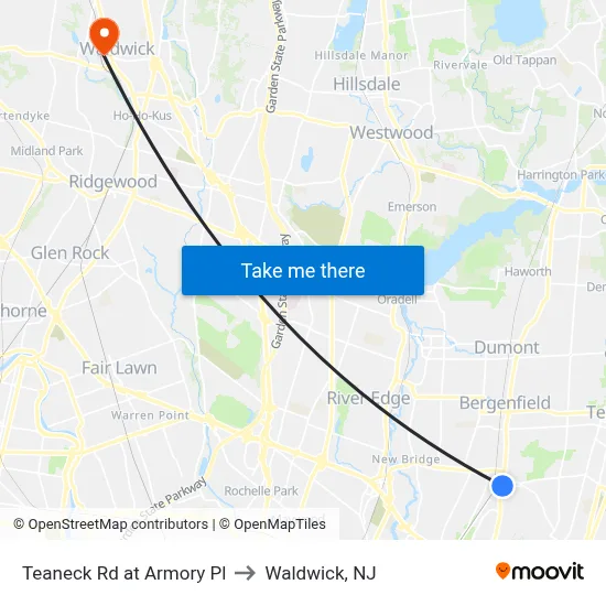 Teaneck Rd at Armory Pl to Waldwick, NJ map