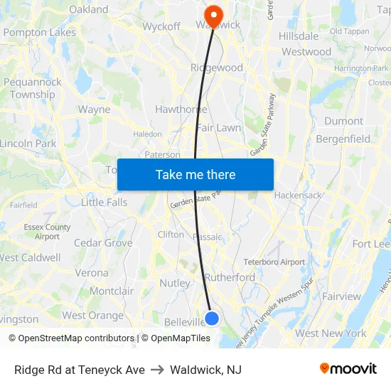Ridge Rd at Teneyck Ave to Waldwick, NJ map