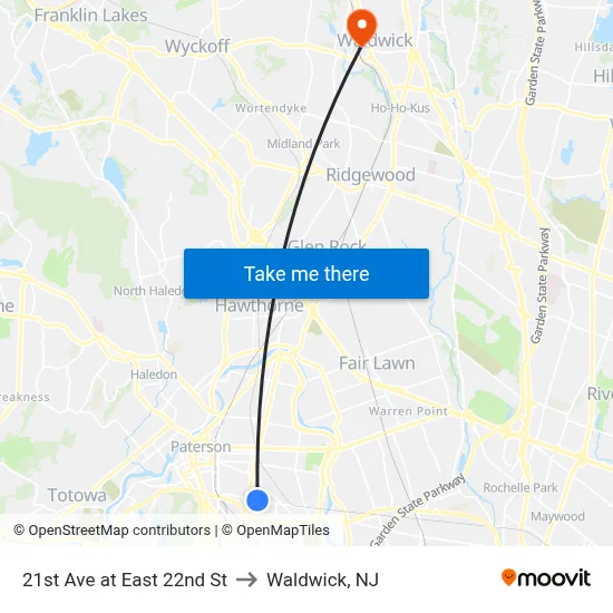 21st Ave at East 22nd St to Waldwick, NJ map