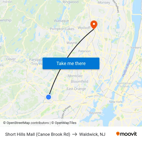 Short Hills Mall (Canoe Brook Rd) to Waldwick, NJ map