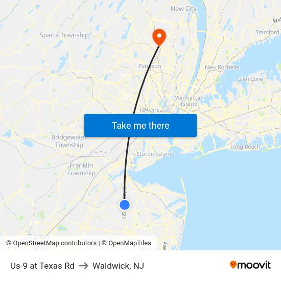 Us-9 at Texas Rd to Waldwick, NJ map