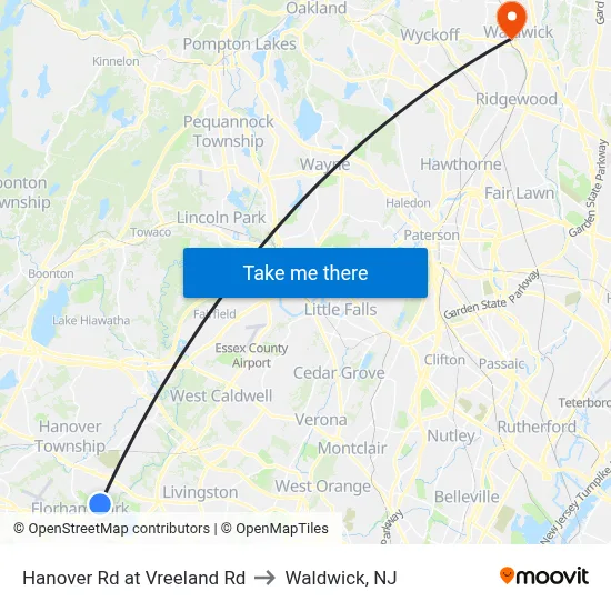 Hanover Rd at Vreeland Rd to Waldwick, NJ map