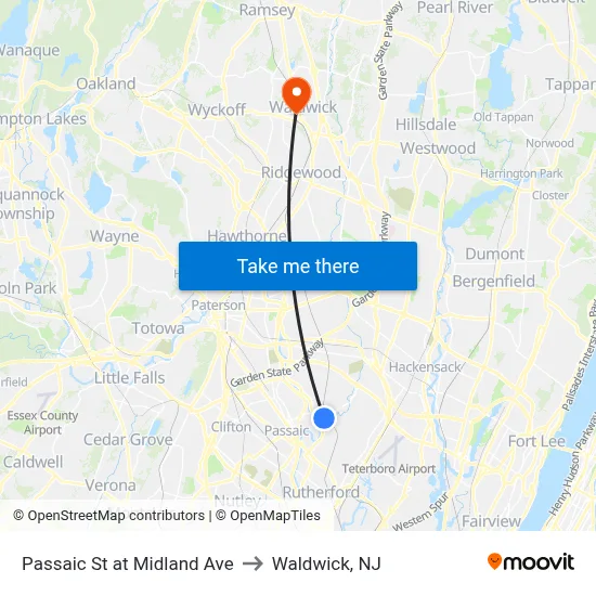 Passaic St at Midland Ave to Waldwick, NJ map