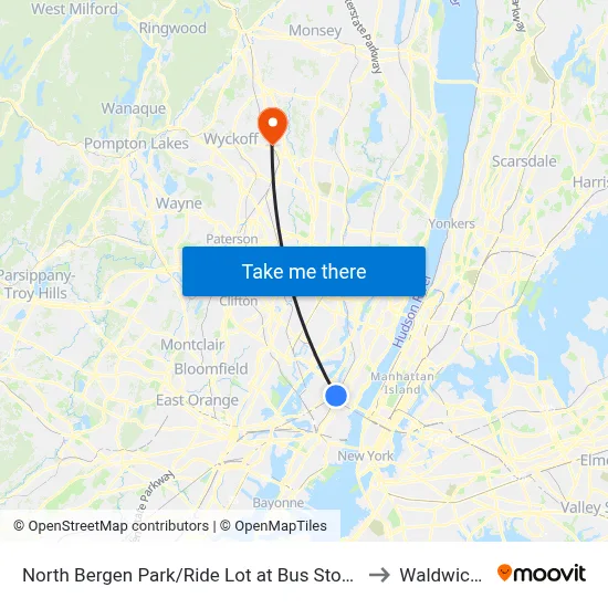North Bergen Park/Ride Lot at Bus Stop Opposite T to Waldwick, NJ map