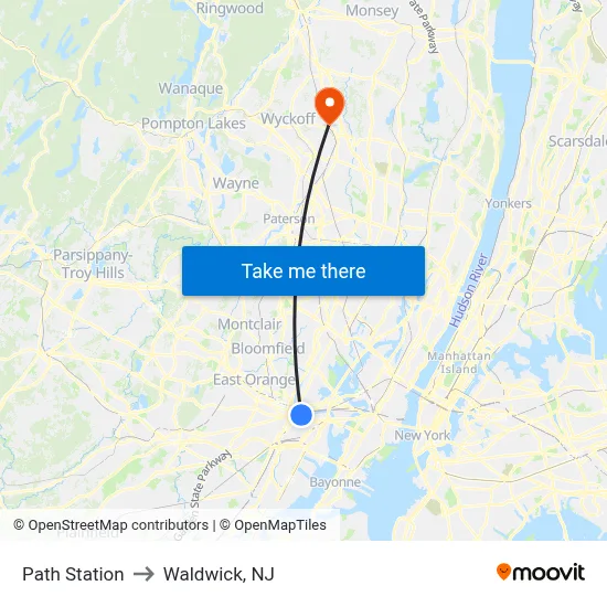 Path Station to Waldwick, NJ map