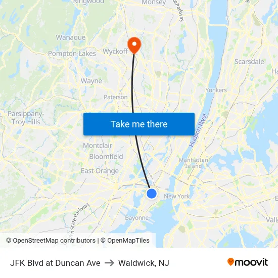 JFK Blvd at Duncan Ave to Waldwick, NJ map