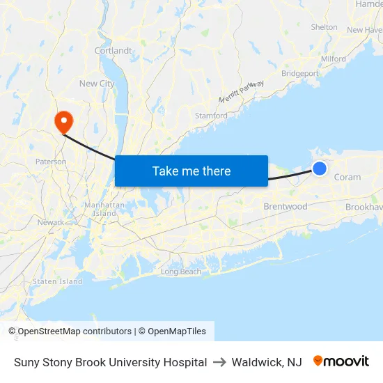 Suny Stony Brook University Hospital to Waldwick, NJ map
