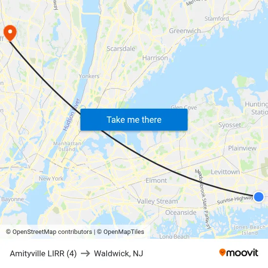 Amityville LIRR (4) to Waldwick, NJ map