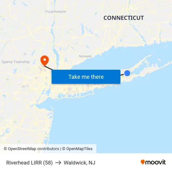 Riverhead LIRR (58) to Waldwick, NJ map