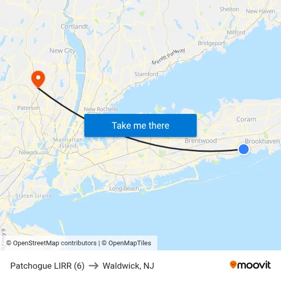 Patchogue LIRR (6) to Waldwick, NJ map