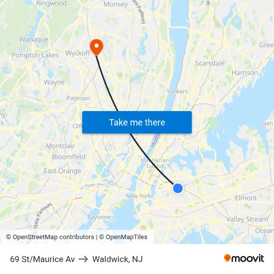 69 St/Maurice Av to Waldwick, NJ map