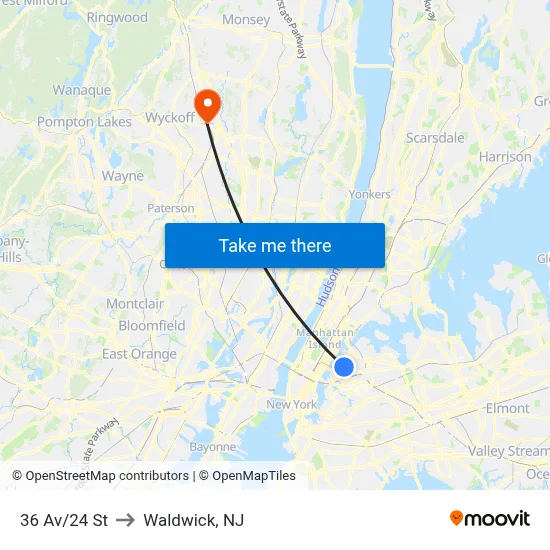 36 Av/24 St to Waldwick, NJ map