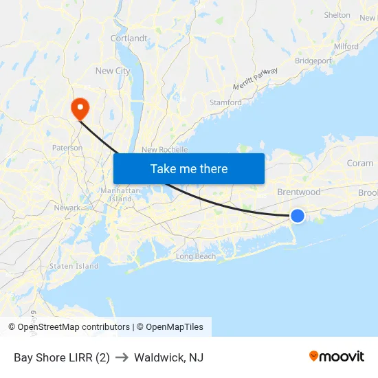 Bay Shore LIRR (2) to Waldwick, NJ map