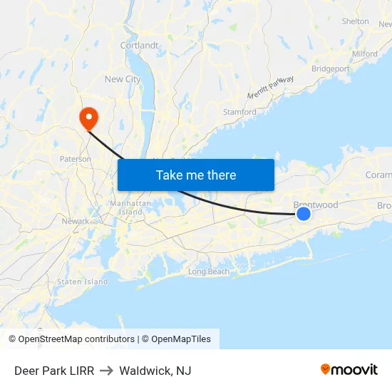Deer Park LIRR to Waldwick, NJ map