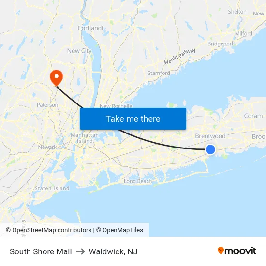 South Shore Mall to Waldwick, NJ map