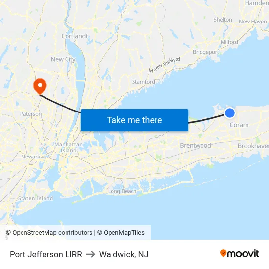 Port Jefferson LIRR to Waldwick, NJ map