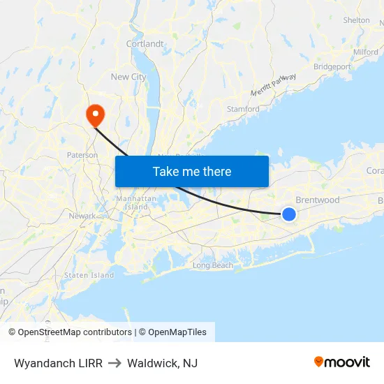 Wyandanch LIRR to Waldwick, NJ map