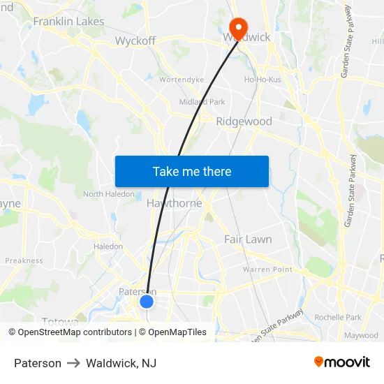 Paterson to Waldwick, NJ map