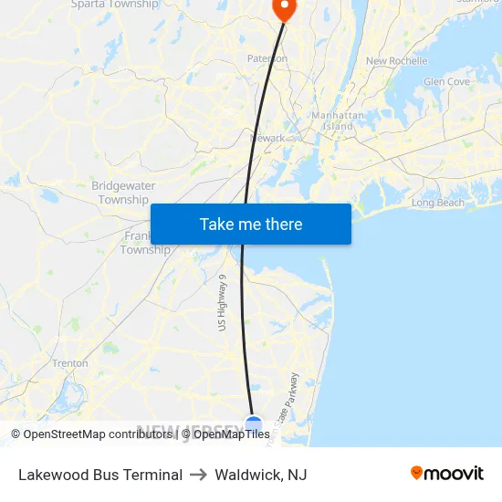 Lakewood Bus Terminal to Waldwick, NJ map