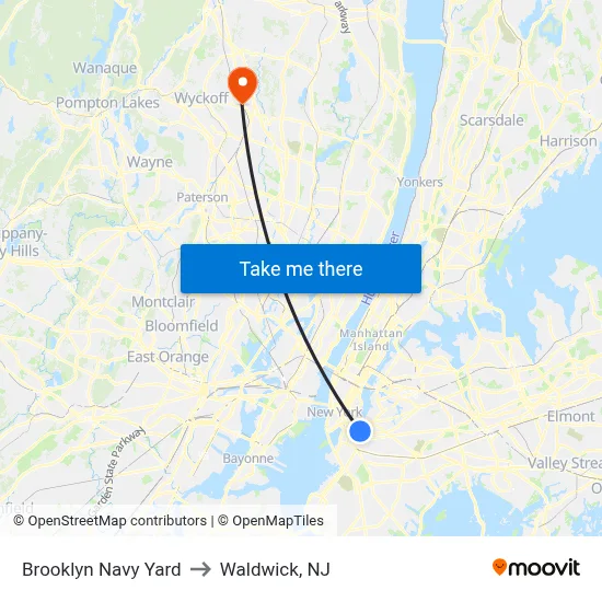 Brooklyn Navy Yard to Waldwick, NJ map