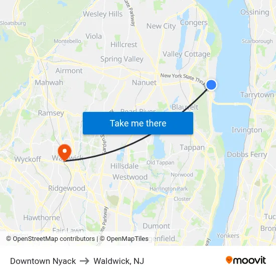 Downtown Nyack to Waldwick, NJ map