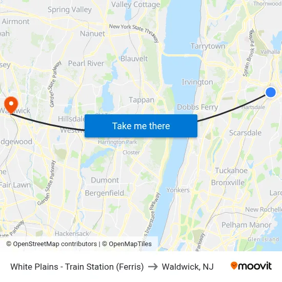 White Plains - Train Station (Ferris) to Waldwick, NJ map