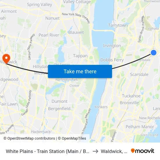 White Plains - Train Station (Main / Bank) to Waldwick, NJ map