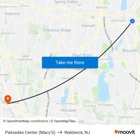 Palisades Center (Macy'S) to Waldwick, NJ map