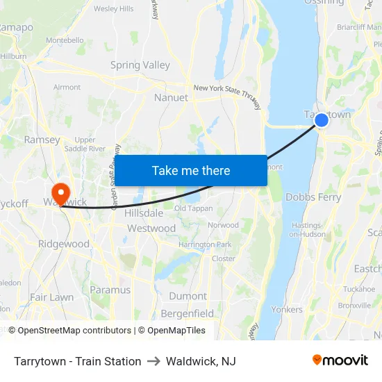 Tarrytown - Train Station to Waldwick, NJ map