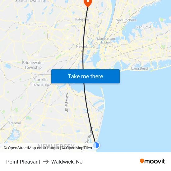 Point Pleasant to Waldwick, NJ map
