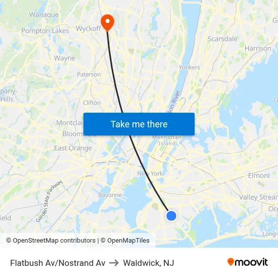 Flatbush Av/Nostrand Av to Waldwick, NJ map