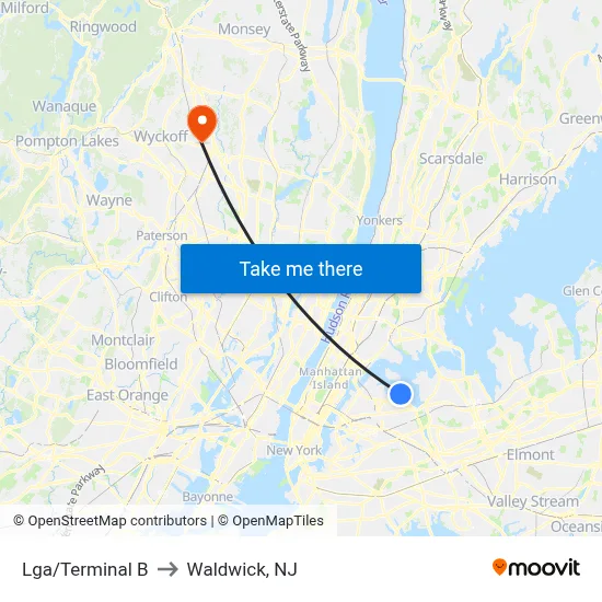 Lga/Terminal B to Waldwick, NJ map