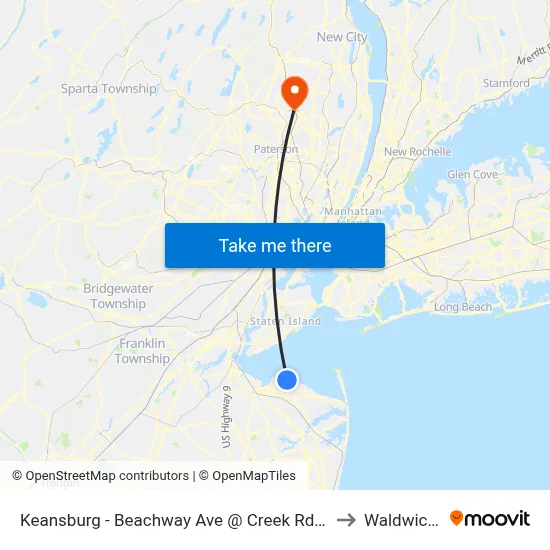 Keansburg -  Beachway Ave @ Creek Rd (Northbound) to Waldwick, NJ map