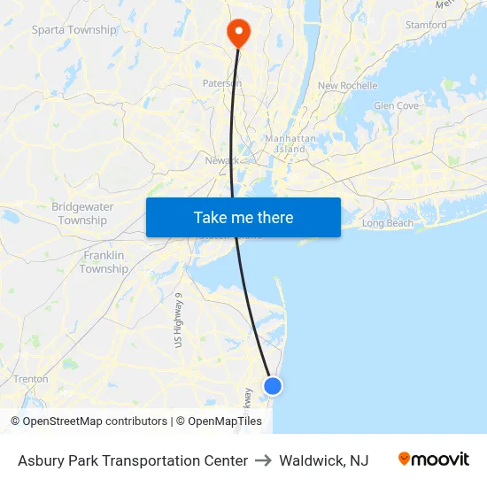 Asbury Park Transportation Center to Waldwick, NJ map