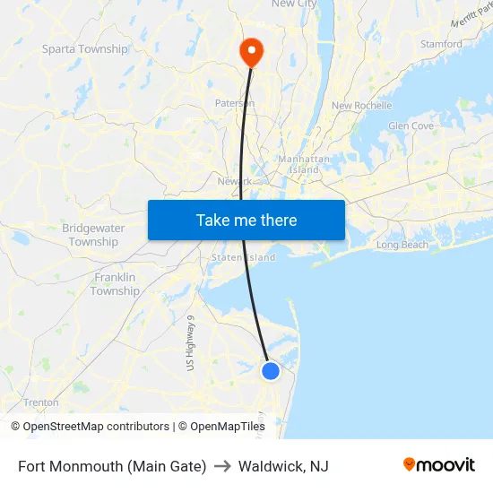 Fort Monmouth (Main Gate) to Waldwick, NJ map