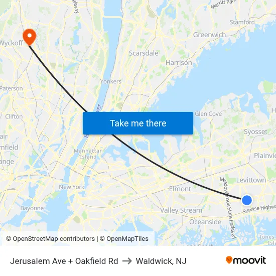 Jerusalem Ave + Oakfield Rd to Waldwick, NJ map