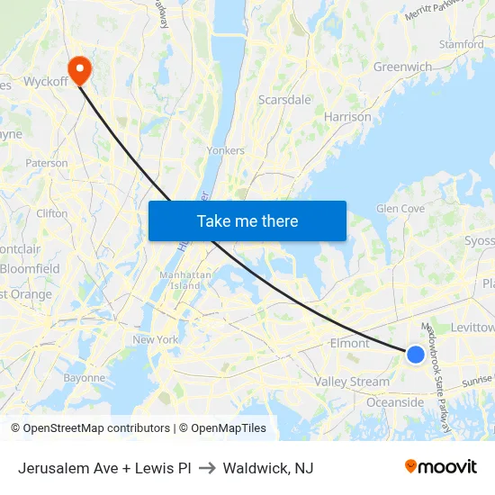 Jerusalem Ave + Lewis Pl to Waldwick, NJ map
