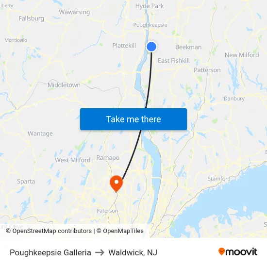 Poughkeepsie Galleria to Waldwick, NJ map