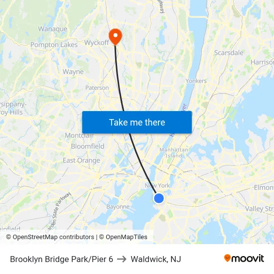 Brooklyn Bridge Park/Pier 6 to Waldwick, NJ map