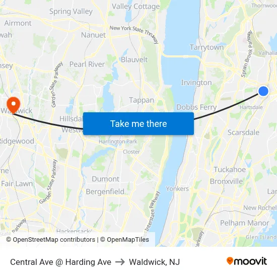 Central Ave @ Harding Ave to Waldwick, NJ map